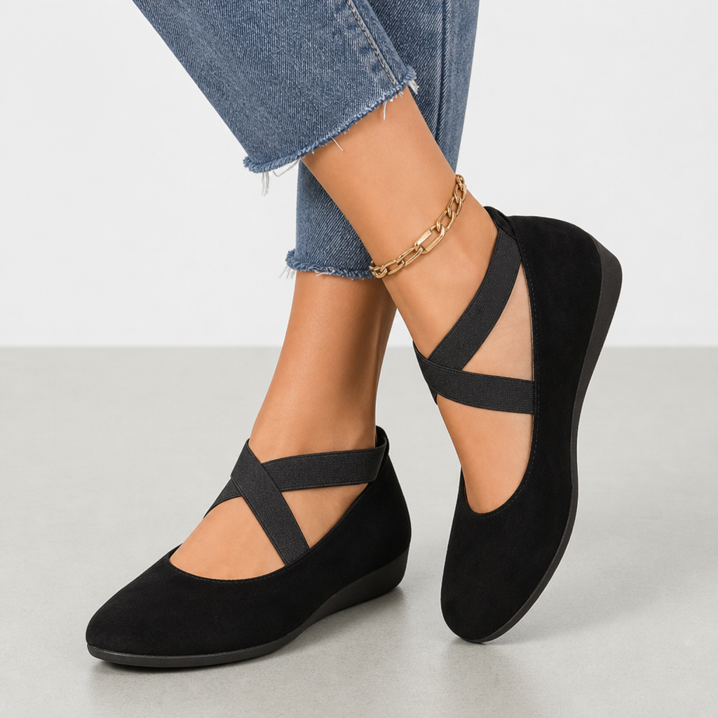 Elvas Orthopedic Cross Strap Ballet Flats in Black