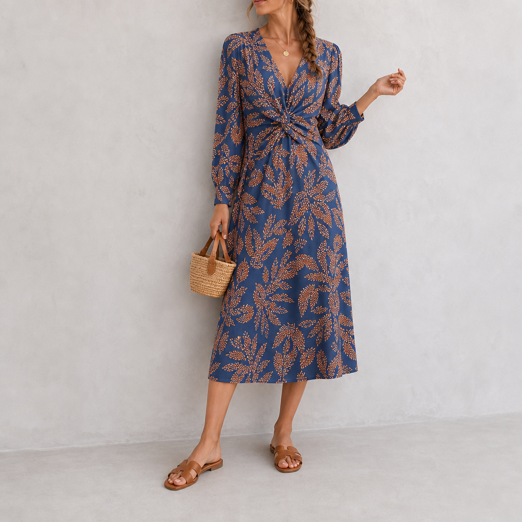 Erice Printed Twist-Front Midi Dress in Blue