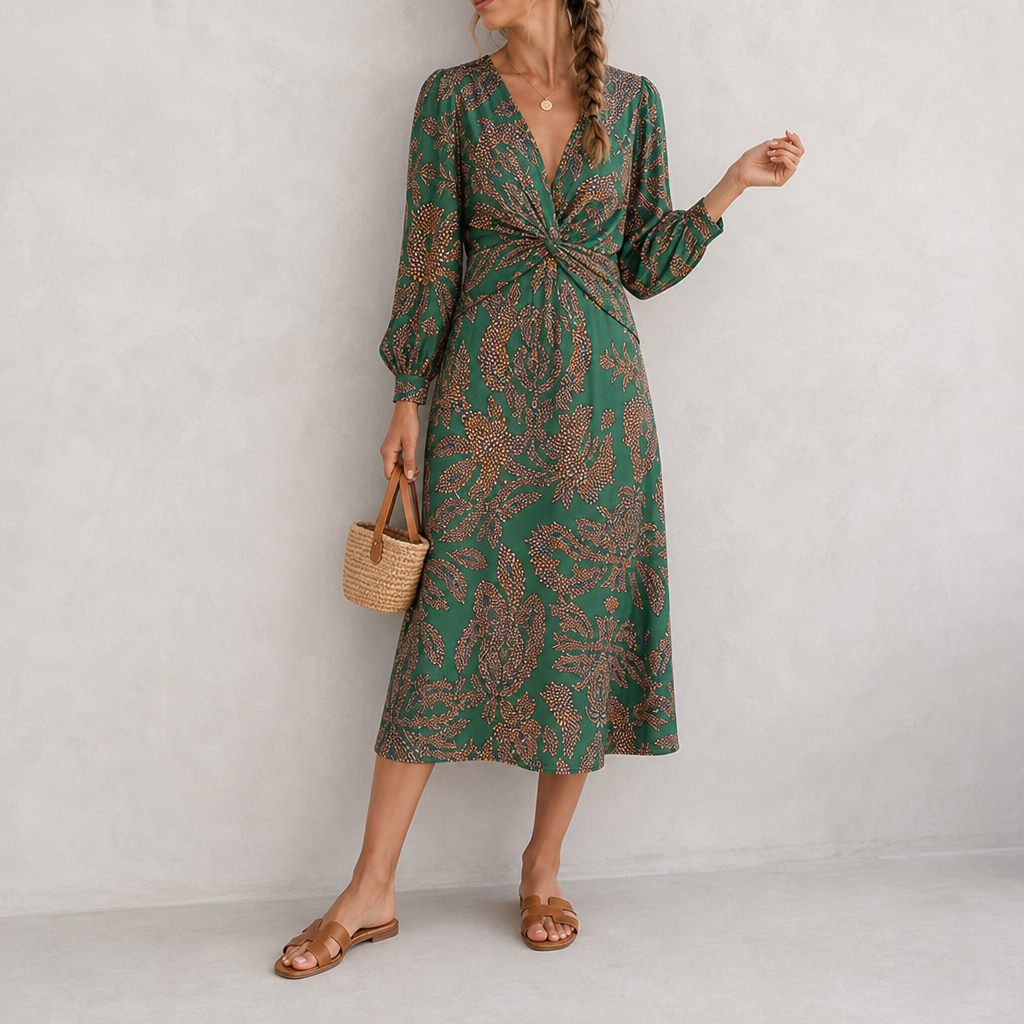 Erice Printed Twist-Front Midi Dress in Green