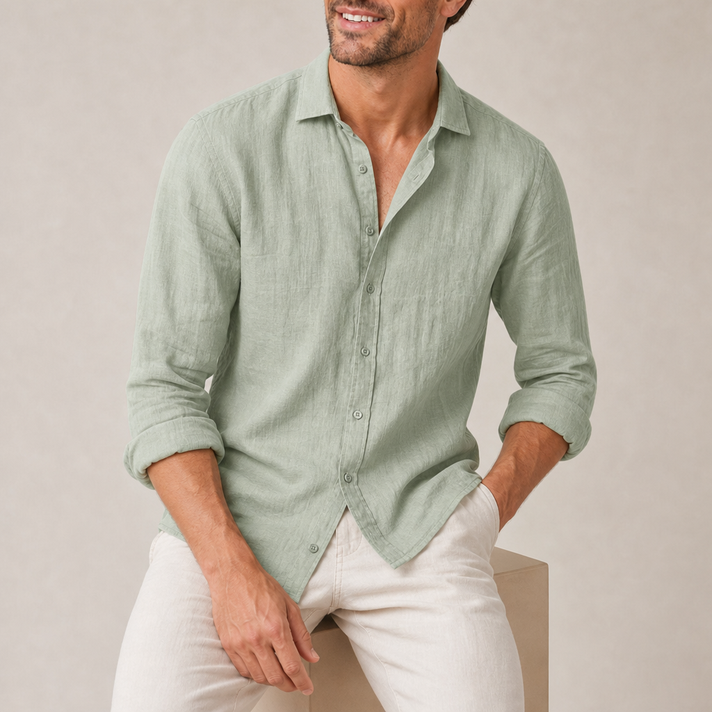 Estepona Linen Button-Up Shirt in Light Green