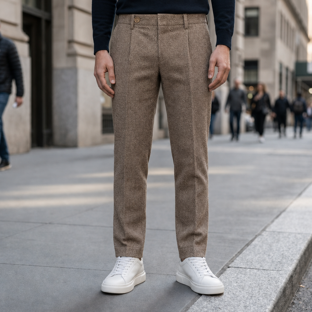 Leros Herringbone Wool Trousers in Khaki