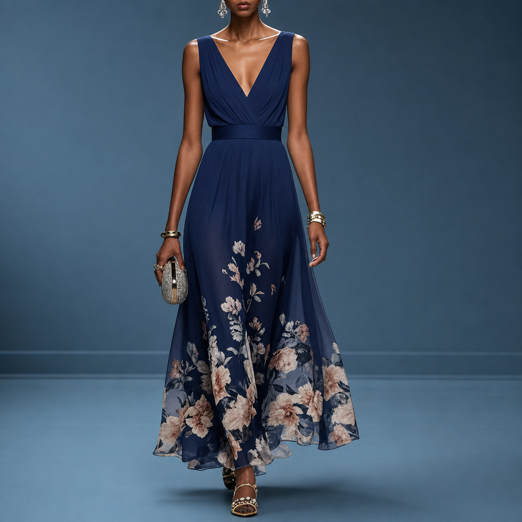 Mantova Floral Chiffon Maxi Dress in Navy