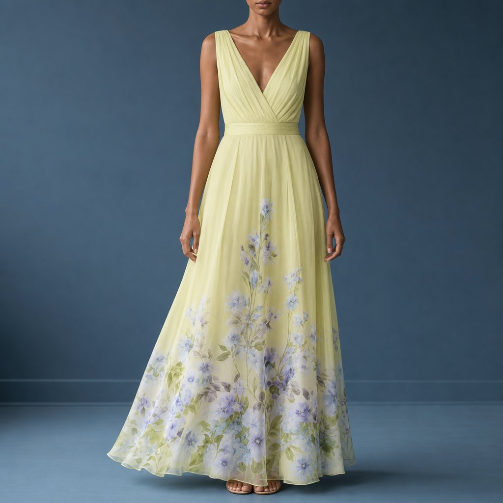 Mantova Floral Chiffon Maxi Dress in Yellow