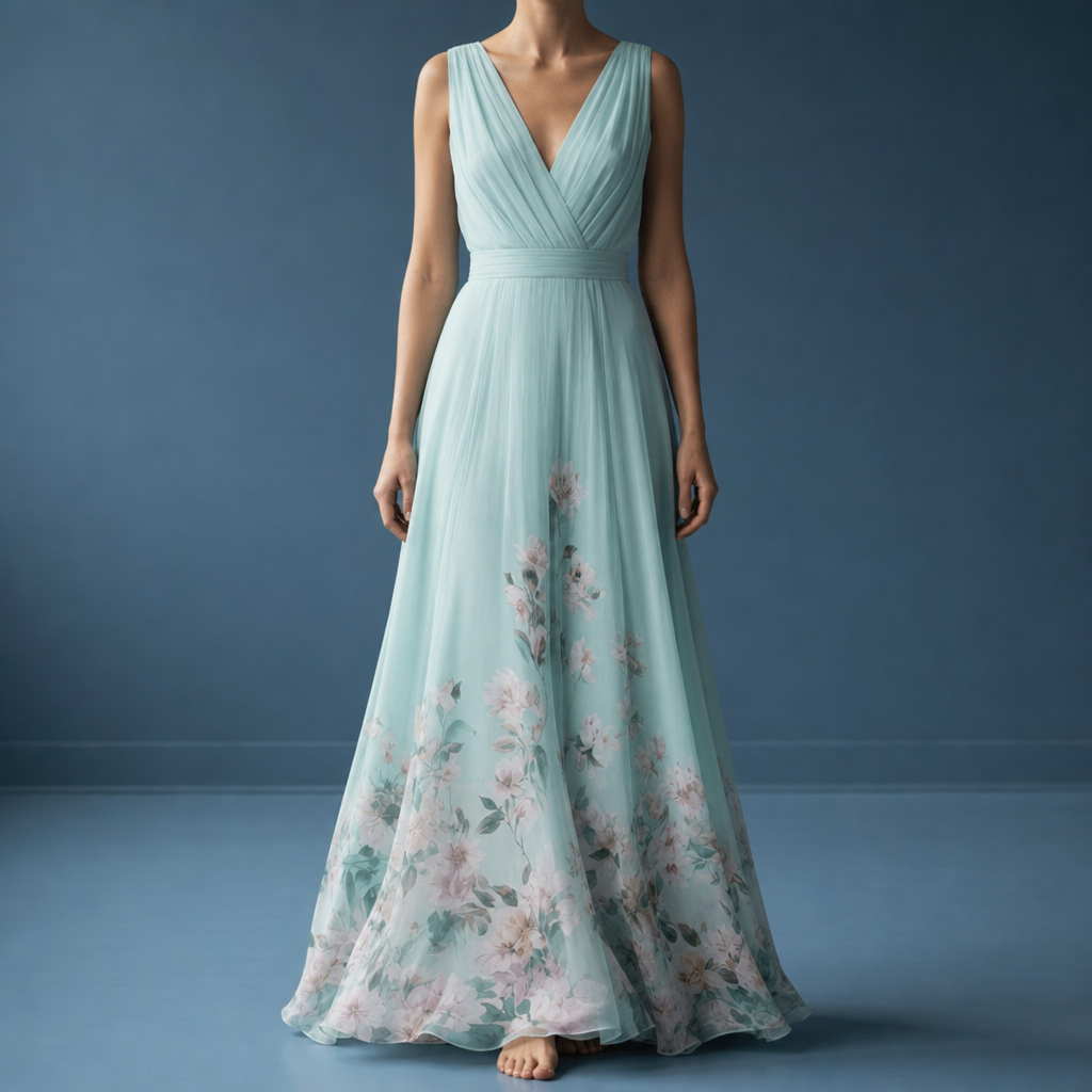 Mantova Floral Chiffon Maxi Dress in Light Green