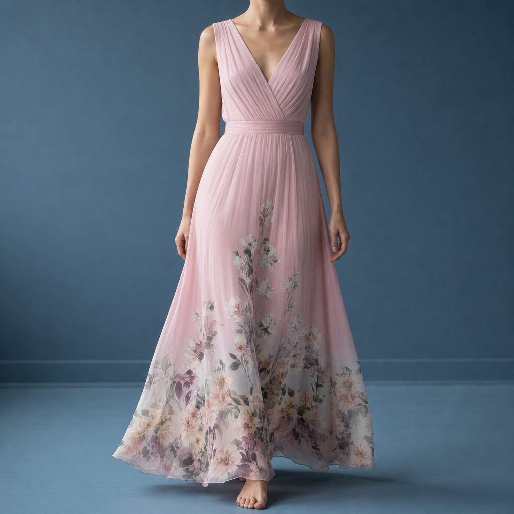 Mantova Floral Chiffon Maxi Dress in Pink