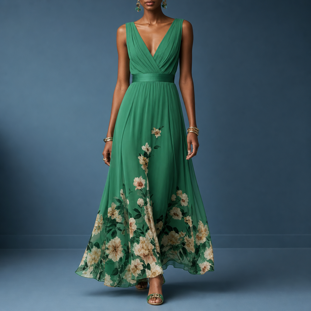 Mantova Floral Chiffon Maxi Dress in Green