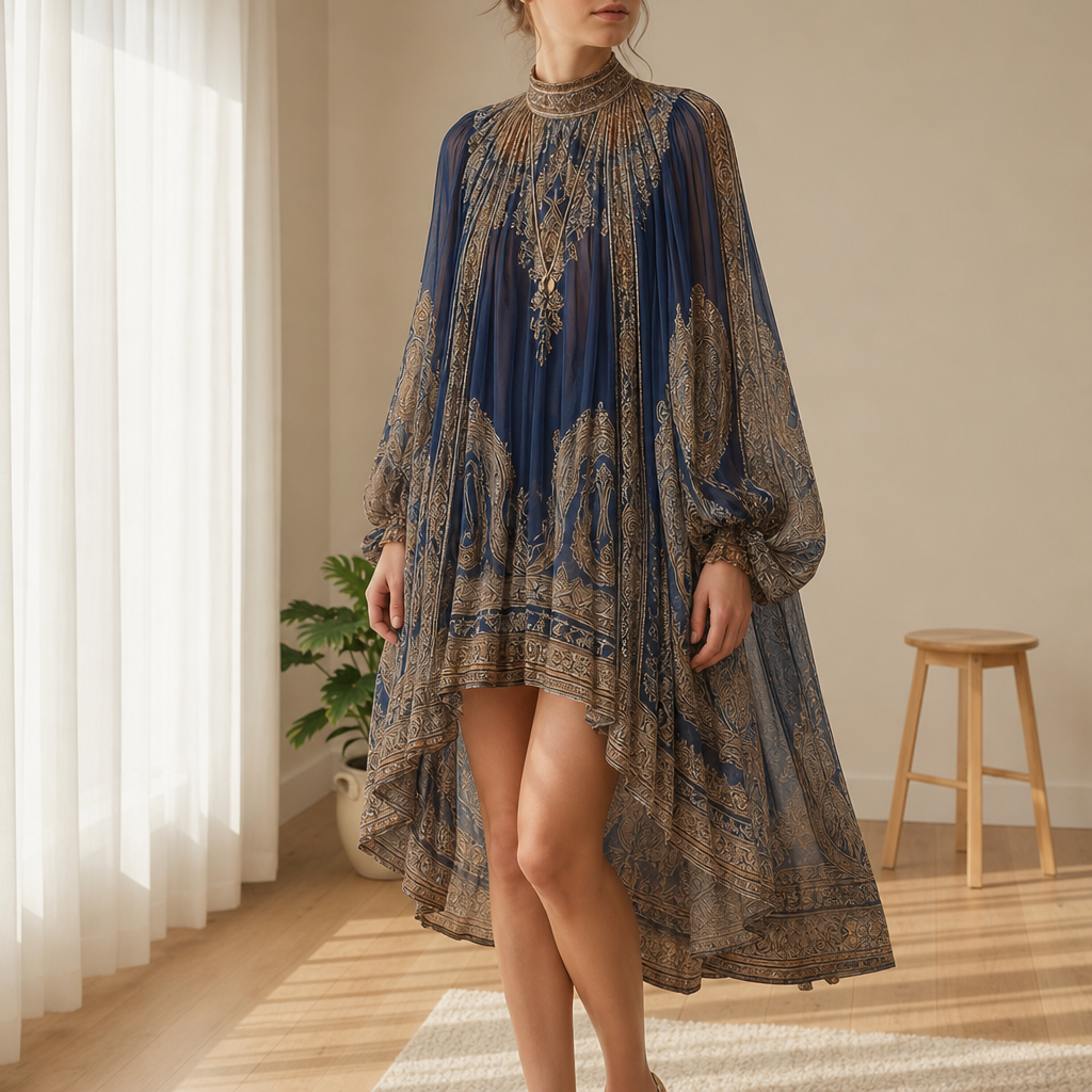 Mdina Baroque Print Mini Dress in Navy And Gold