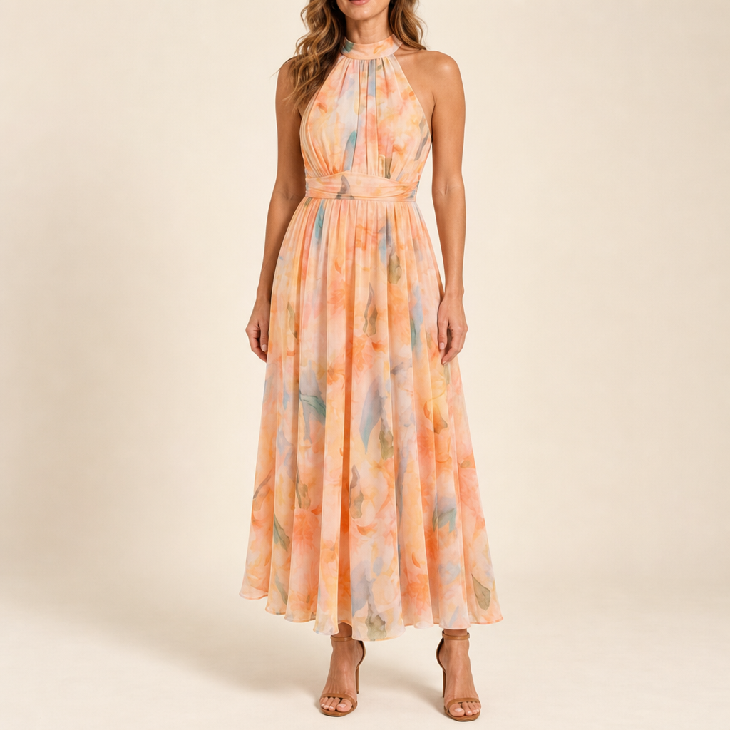 Menton Floral Halter Maxi Dress in Peach