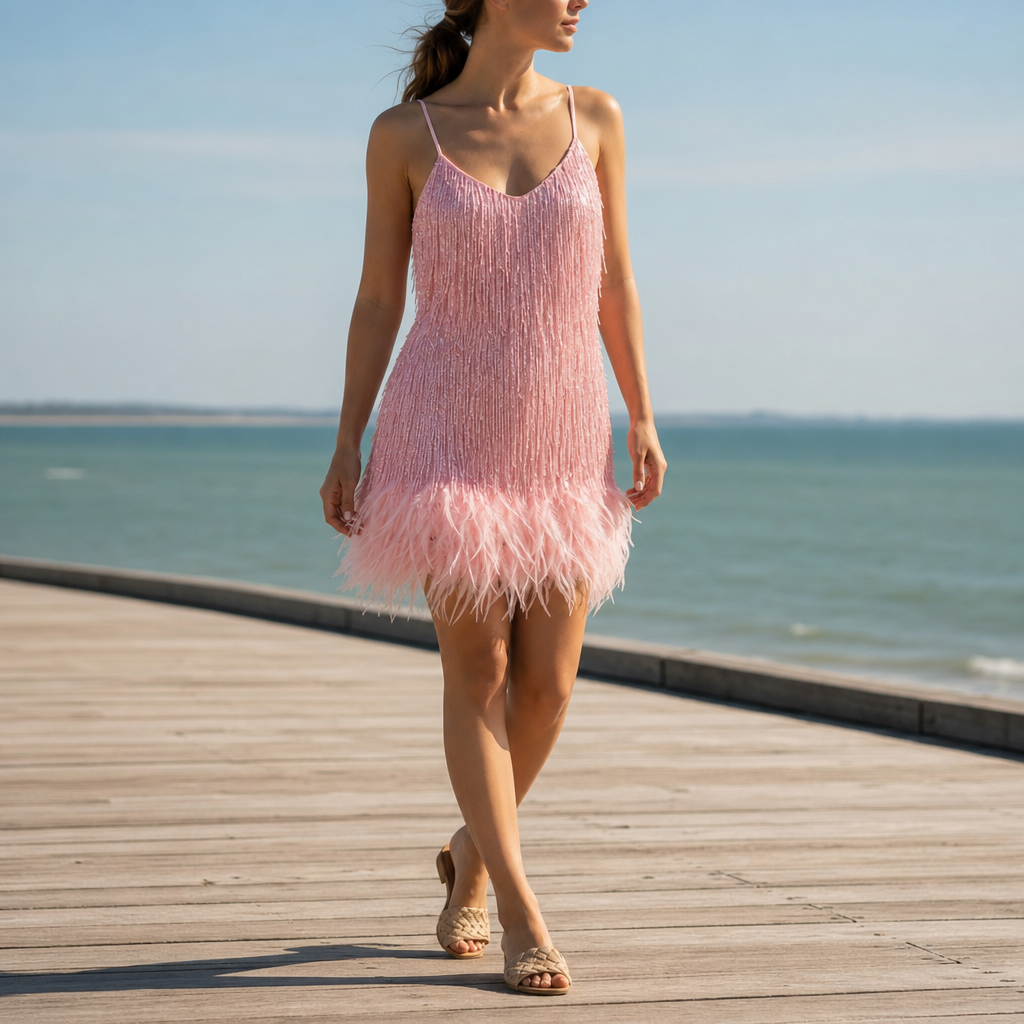 Modica Feather Fringe Mini Dress in Pink