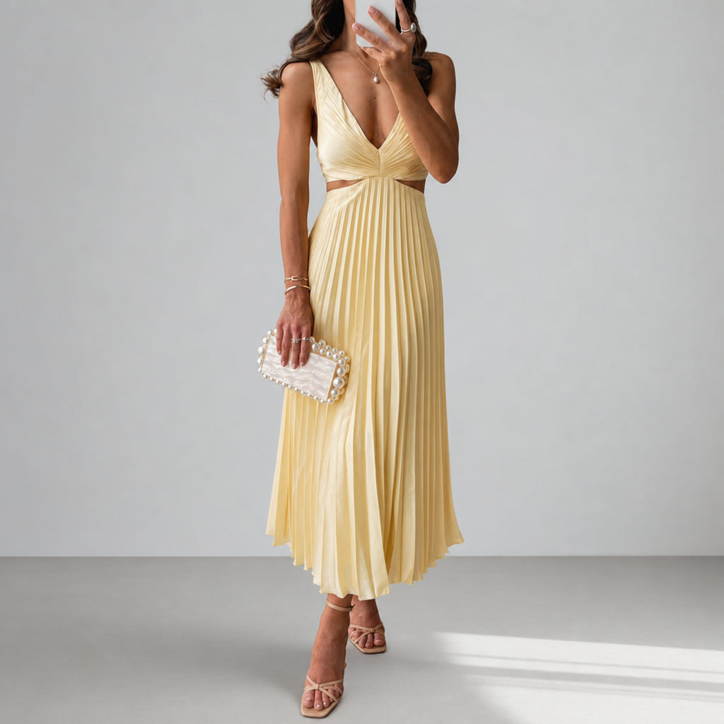 Mougins Pleated Cut-Out Midi Dress in Yellow