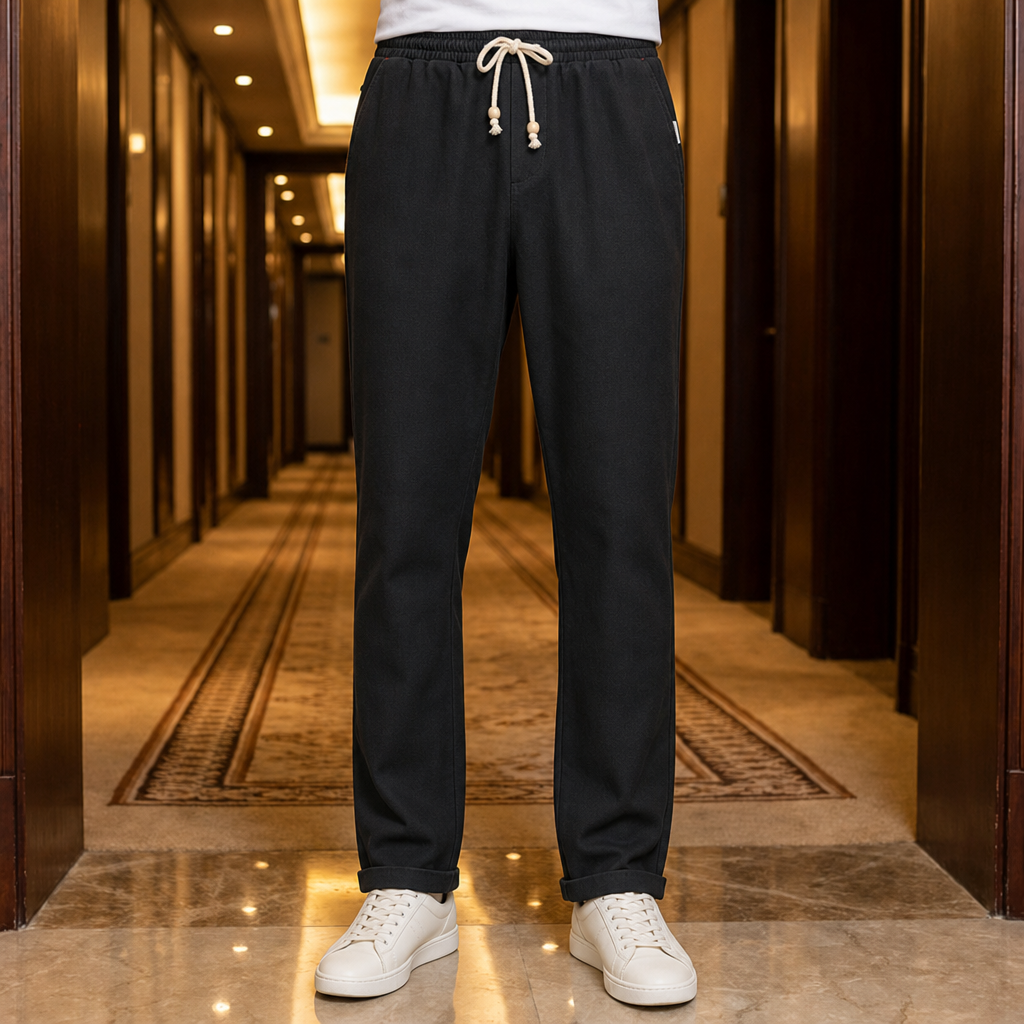Omodos Linen Drawstring Trousers in Classic Black