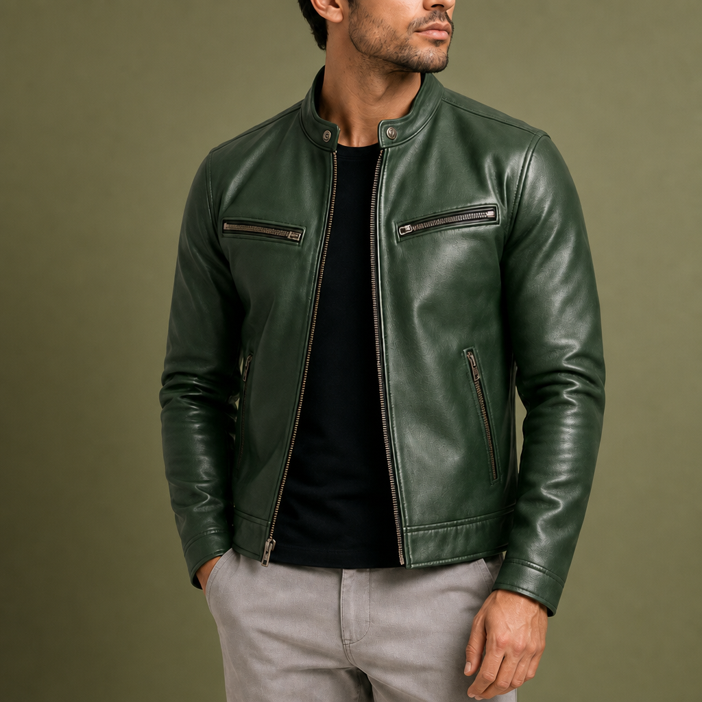 Ostuni Vintage Biker Leather Jacket in Olive green