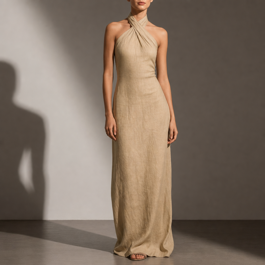 Otranto Linen Halter Maxi Dress in Khaki