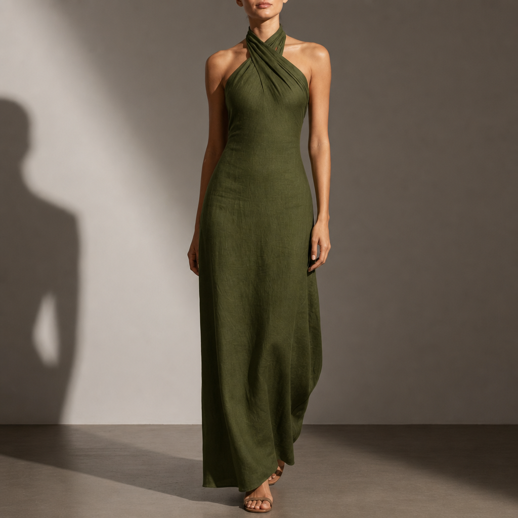 Otranto Linen Halter Maxi Dress in Olive