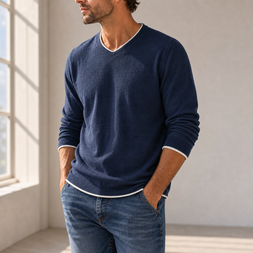 Porec Contrast Trim V-Neck Tee in Navy Blue