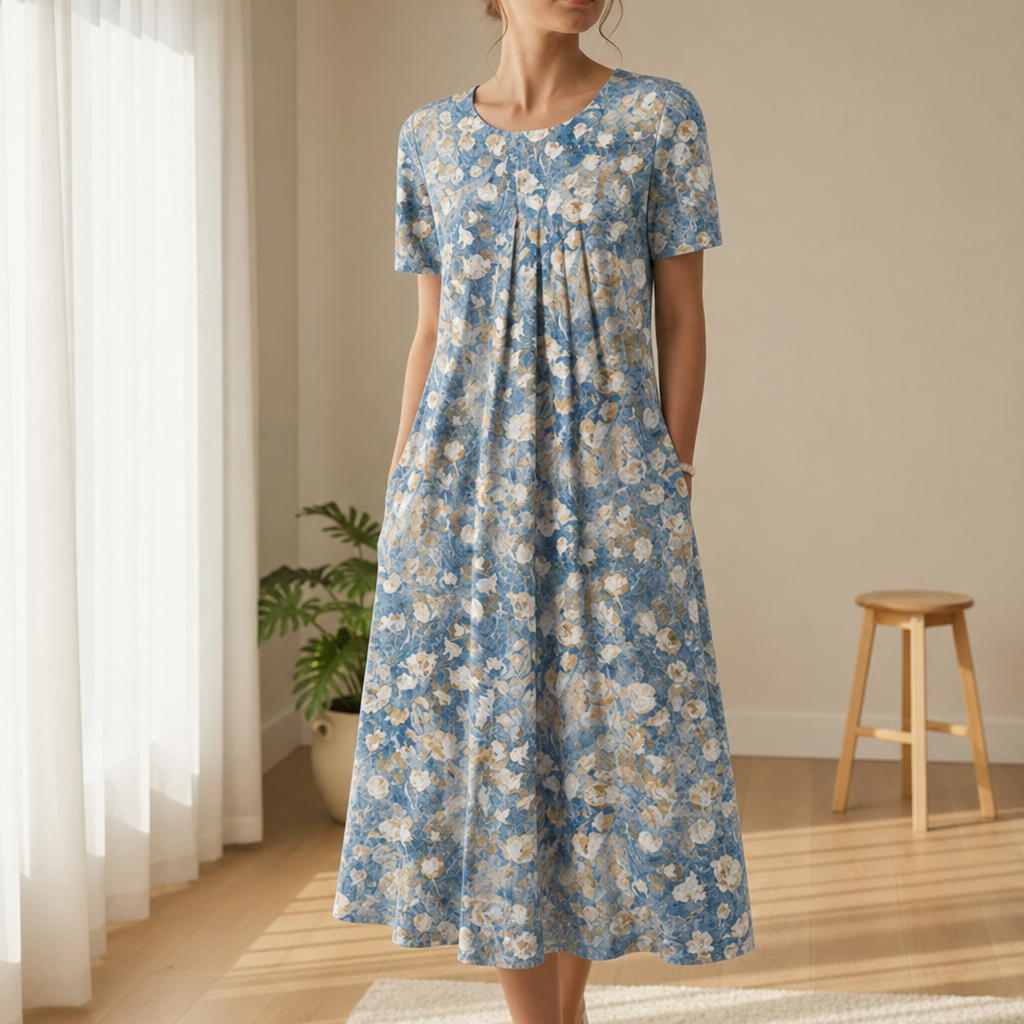 Porquerolles Floral Print Midi Dress in Light Blue
