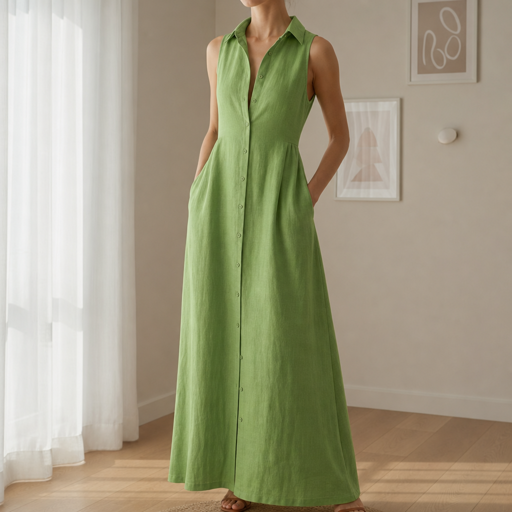 Pylos Linen Sleeveless Shirt Dress in Green