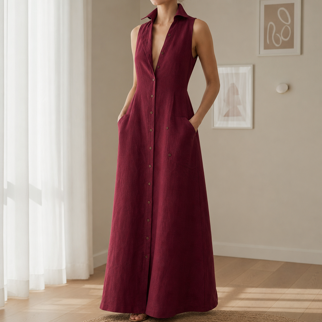 Pylos Linen Sleeveless Shirt Dress in Wine
