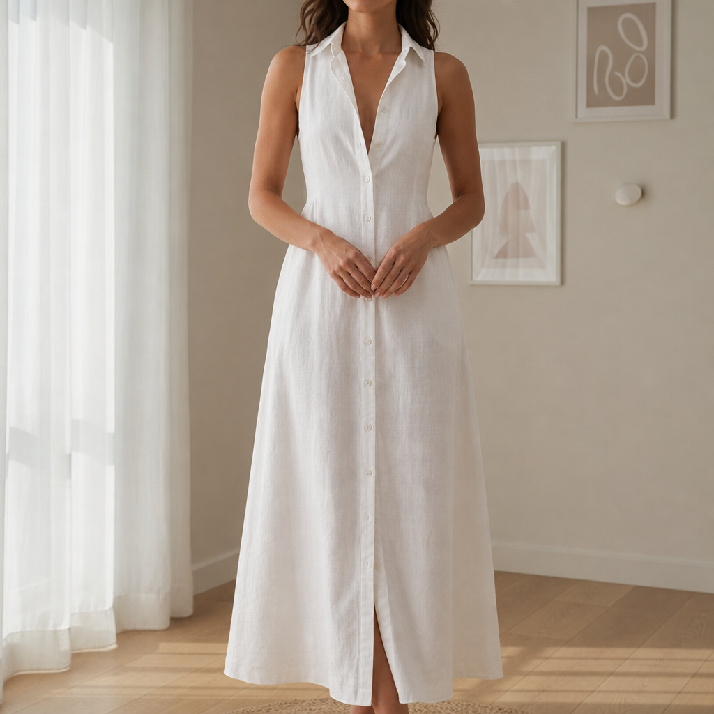 Pylos Linen Sleeveless Shirt Dress in White