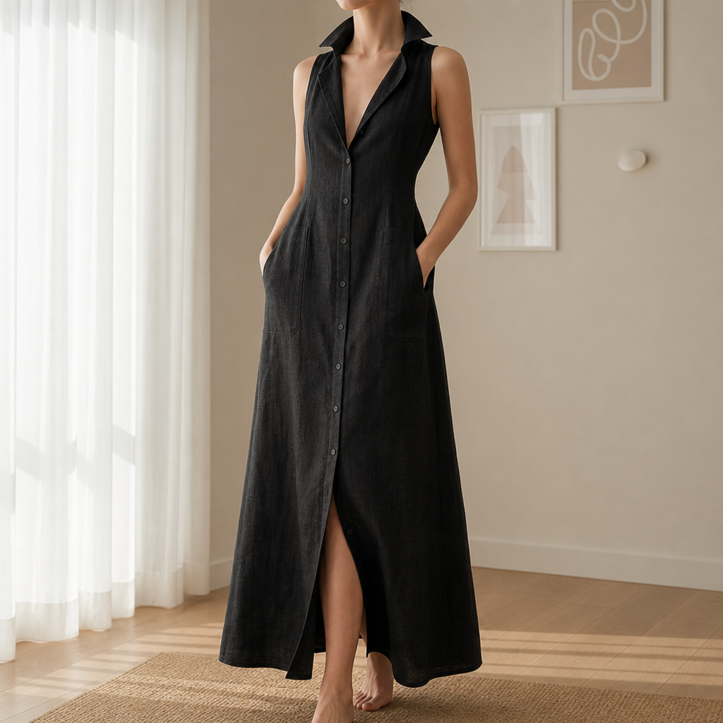 Pylos Linen Sleeveless Shirt Dress in Black