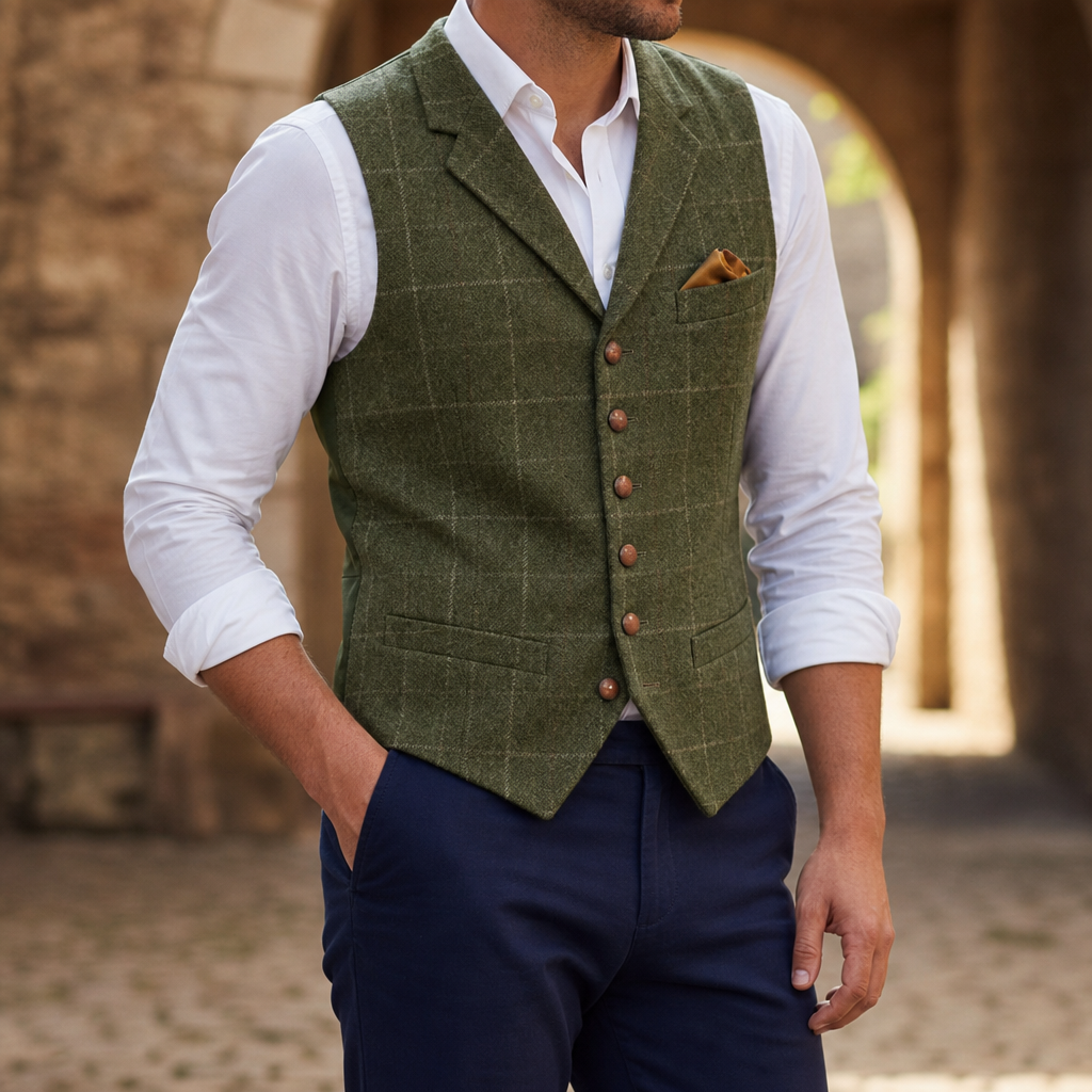 Ravello Tailored Tweed Waistcoat in Olive Green