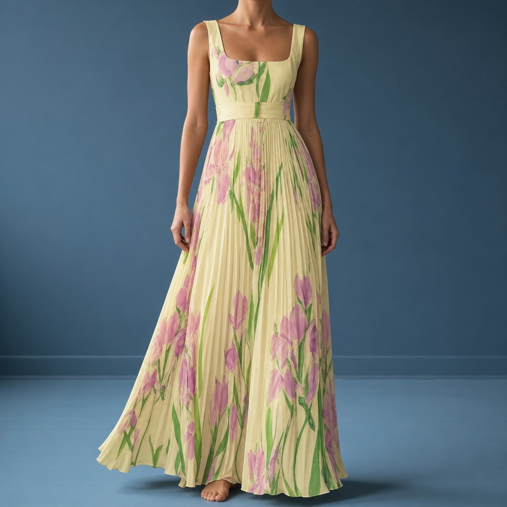 Rivello Floral Pleated Maxi Dress in Yellow & Pink
