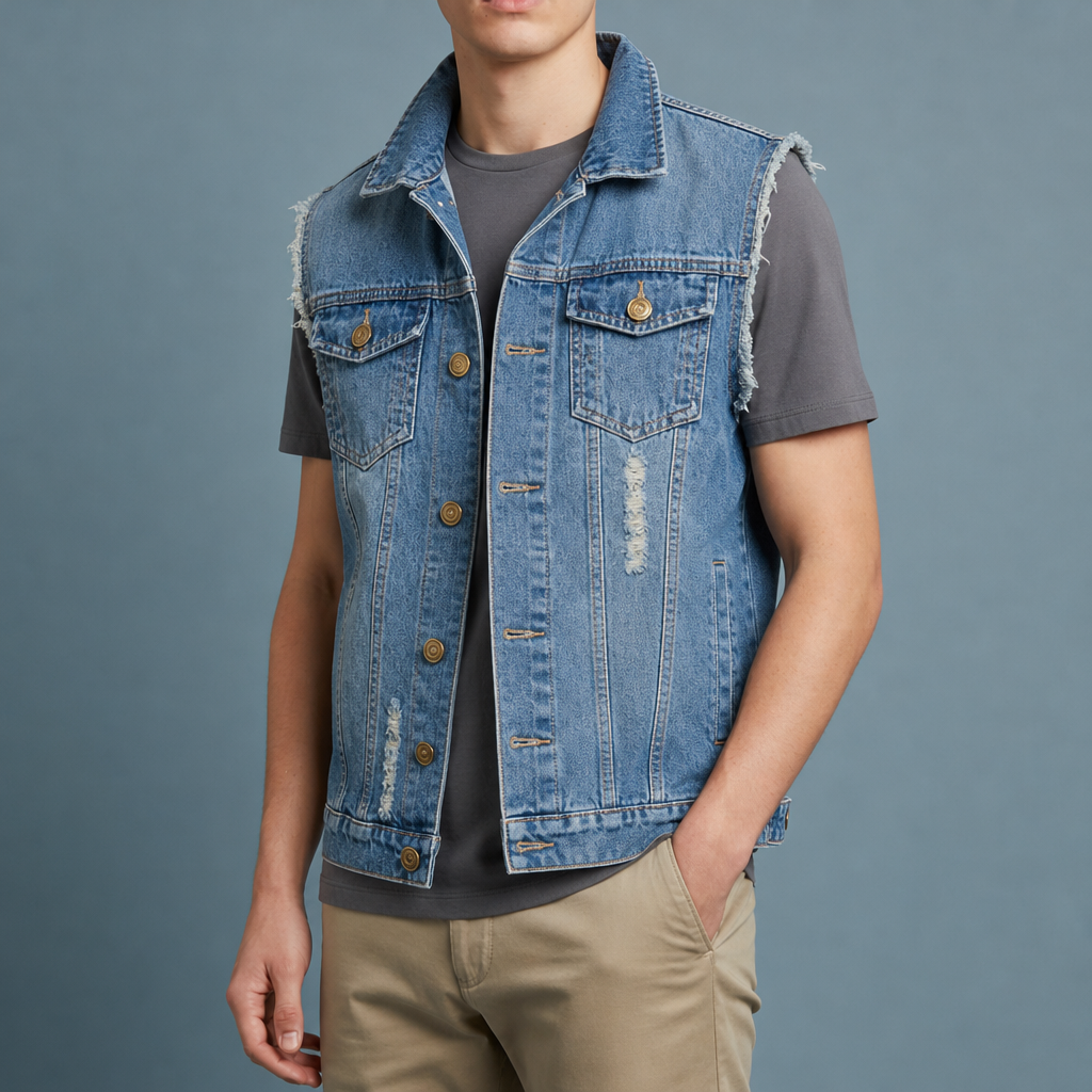 Saint Tropez Distressed Denim Vest in Blue