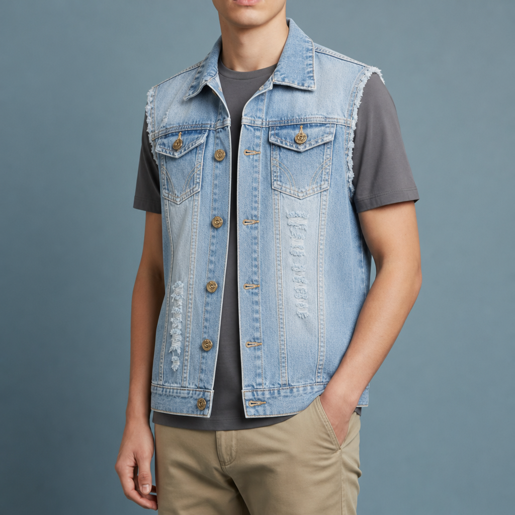 Saint Tropez Distressed Denim Vest in Light Blue