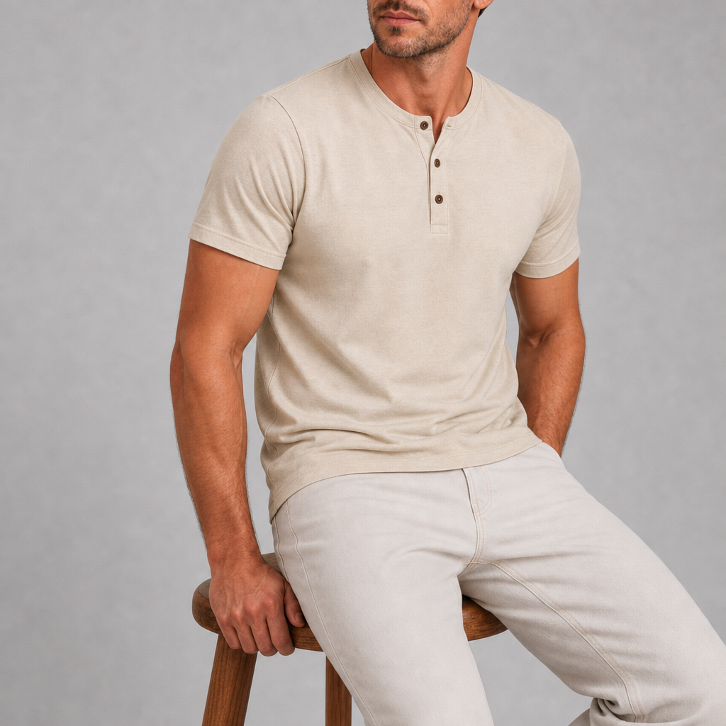Sitia Slim Fit Henley Tee in Beige