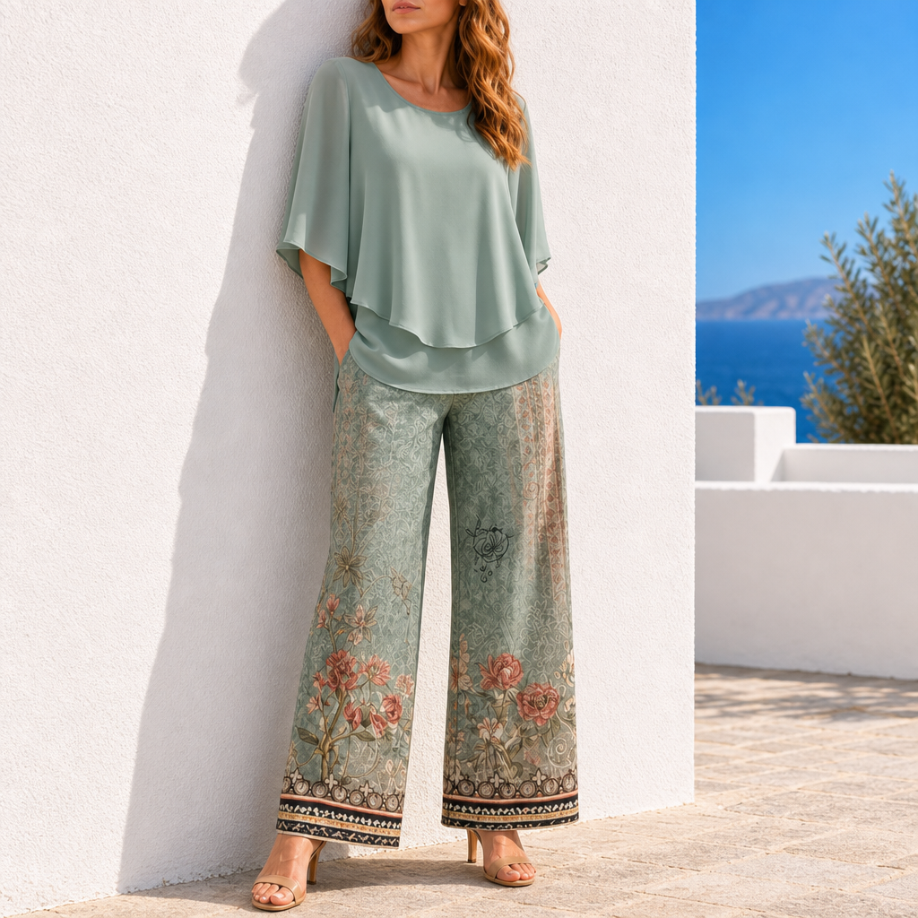 Skyros Layered Floral Two-Piece Set in Mint Green