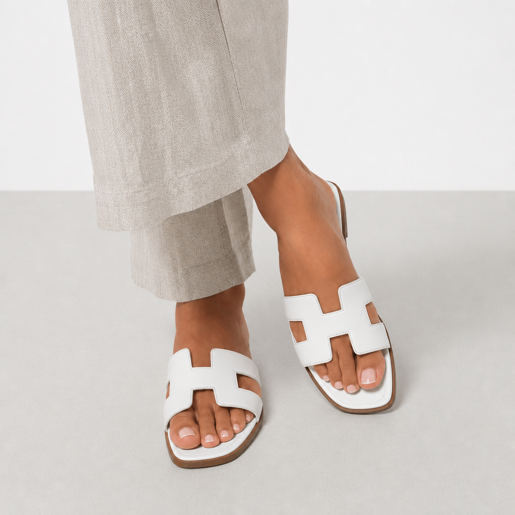 Syros Orthopedic H-Strap Leather Slides in White