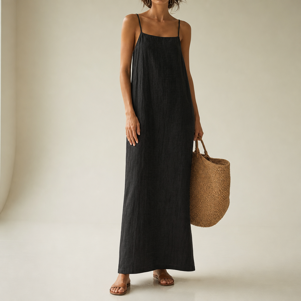 Tavira Linen Cotton Maxi Dress in Black