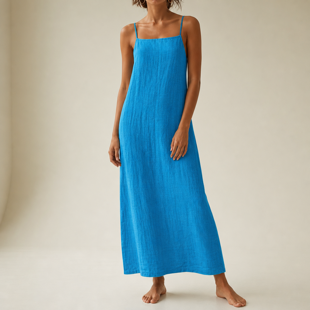 Tavira Linen Cotton Maxi Dress in Blue