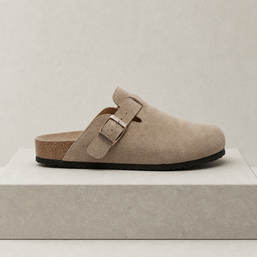 Tinos Suede Buckle Clogs in Beige