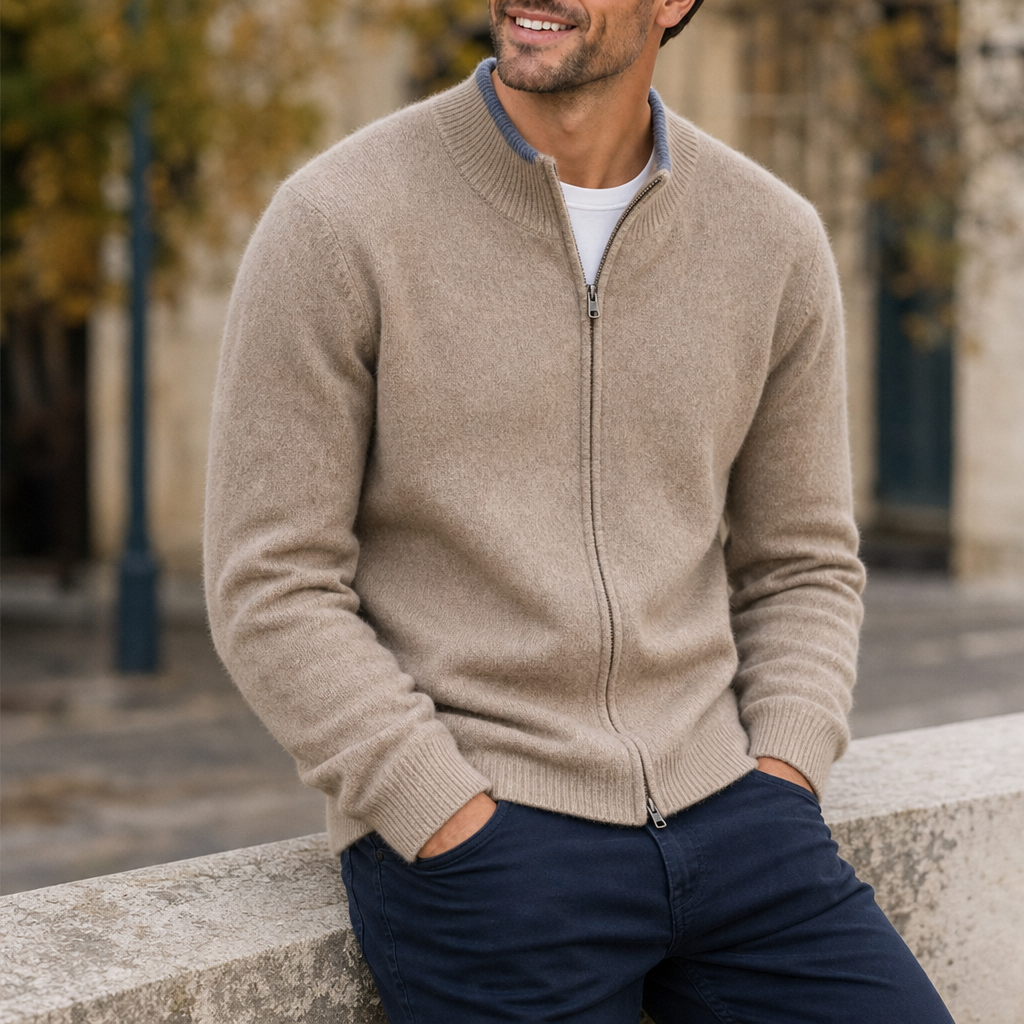Trani Cashmere Zip Cardigan in Khaki