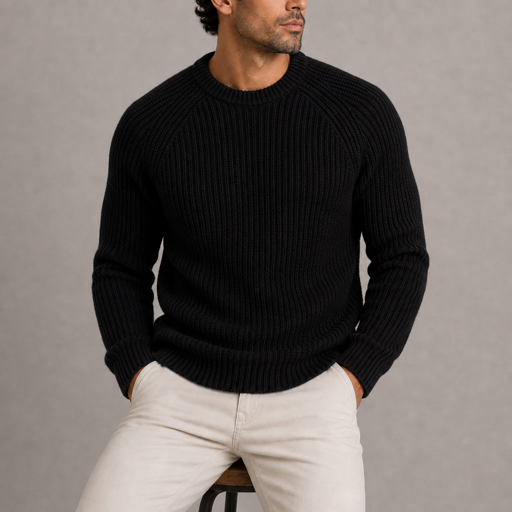 Trani Fisherman Rib Knit Sweater in Black