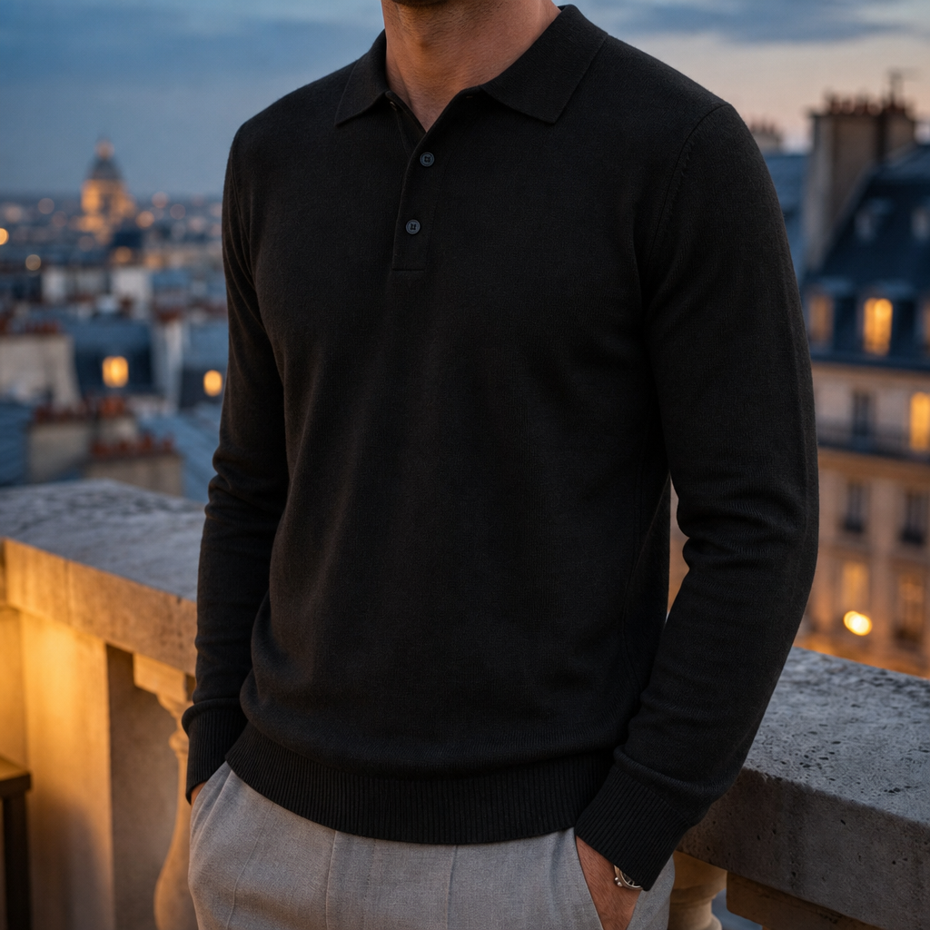 Trogir Merino Wool Polo Sweater in Black