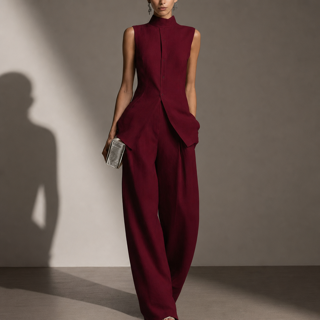 Vence Linen Mock Neck Pant Set in Red