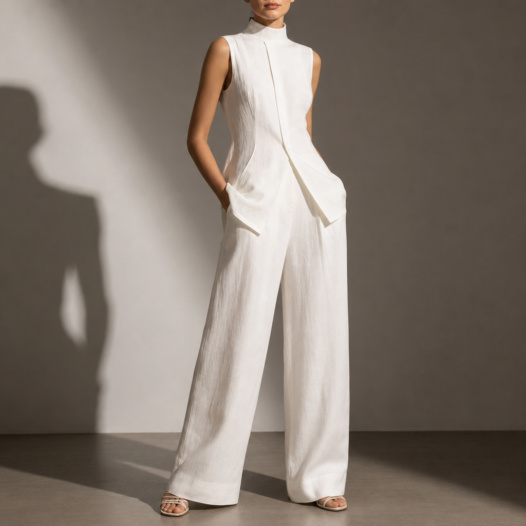 Vence Linen Mock Neck Pant Set in White