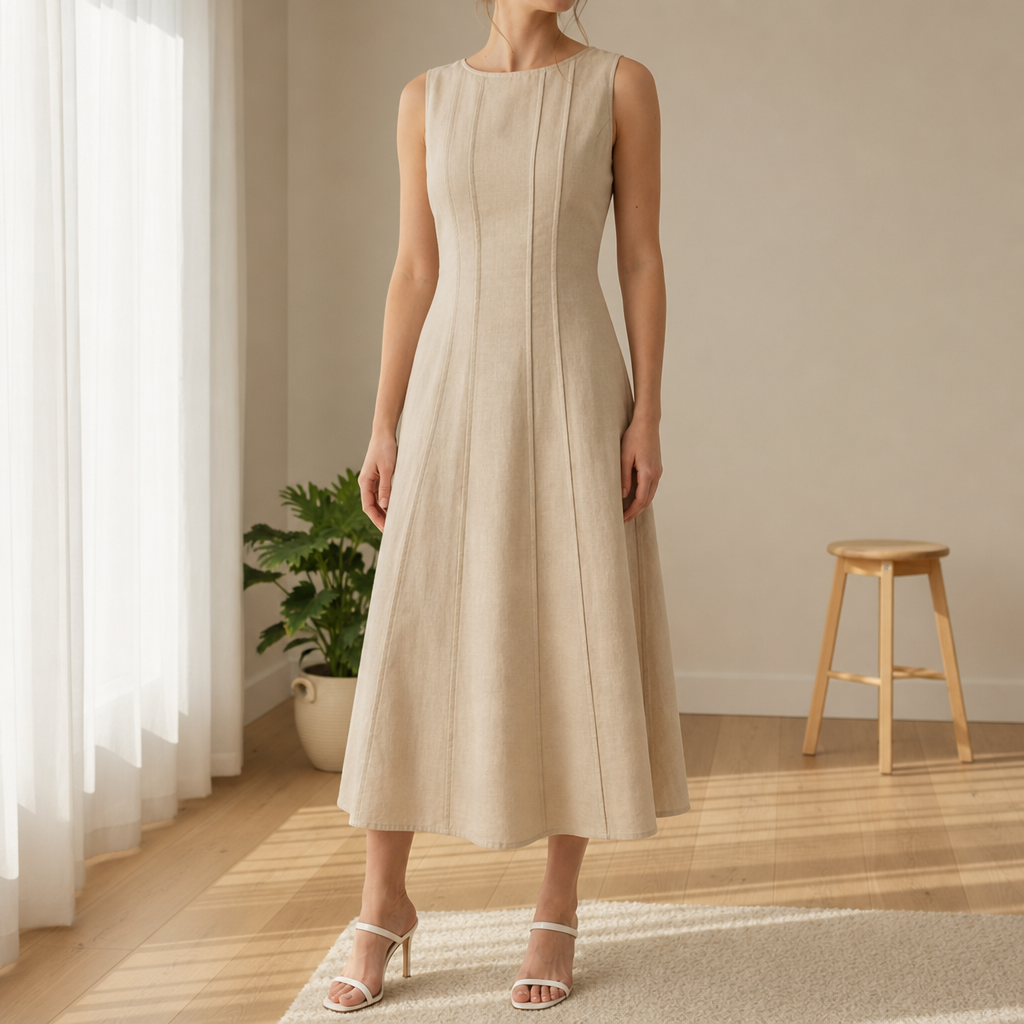 Poros Linen Panel Midi Dress in Apricot