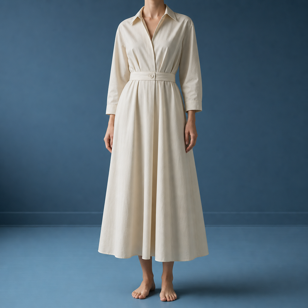 Otranto Belted Shirt Midi Dress in Beige