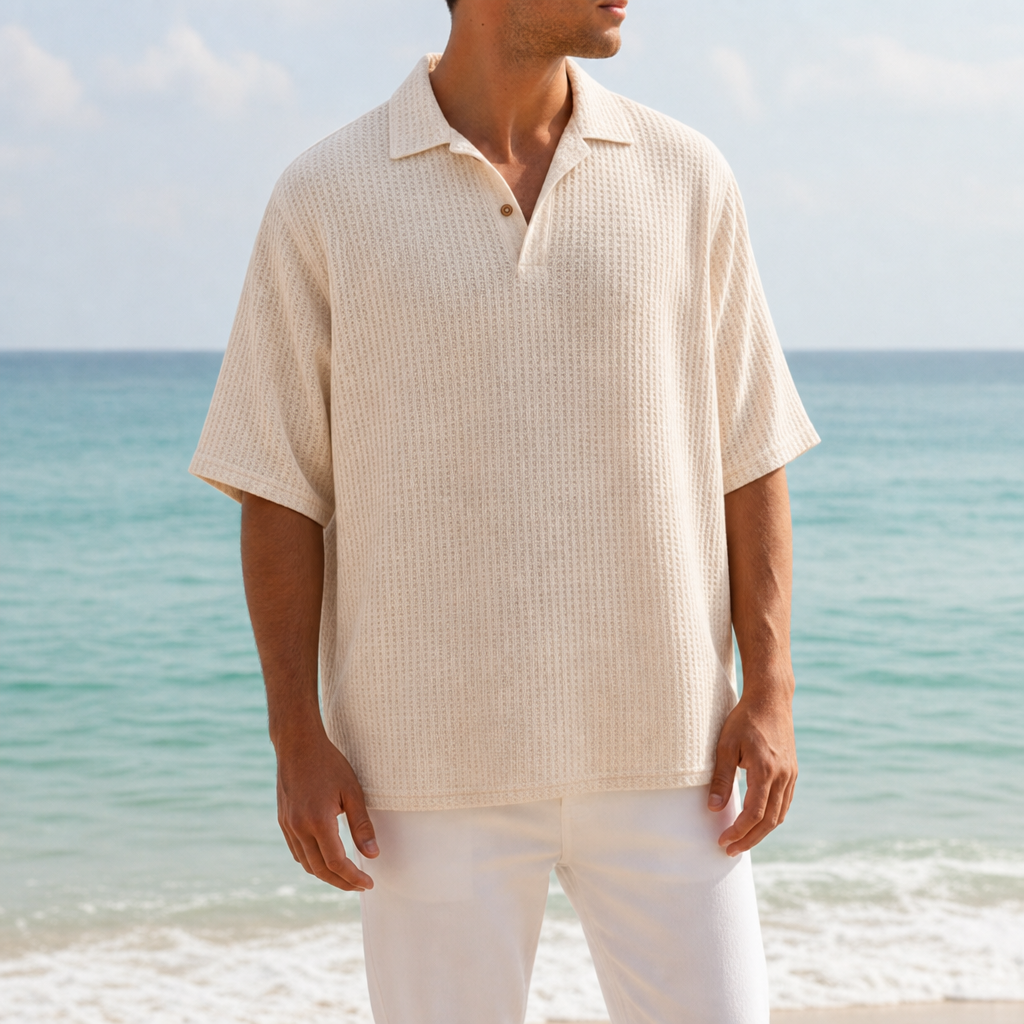 Sete Waffle Knit Polo in Ivory