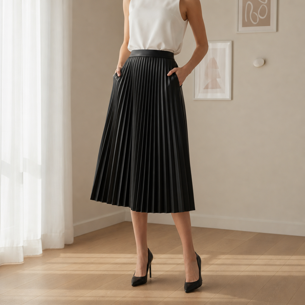 Ikaria Pleated Faux Leather Skirt in Black