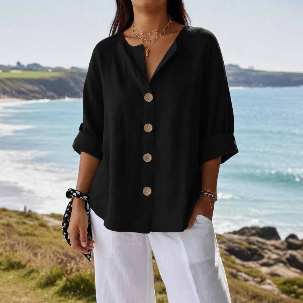 Rabat Linen Button-Up Blouse in Black