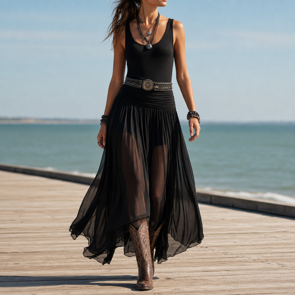 Perpignan Sheer Tulle Belted Maxi in Black
