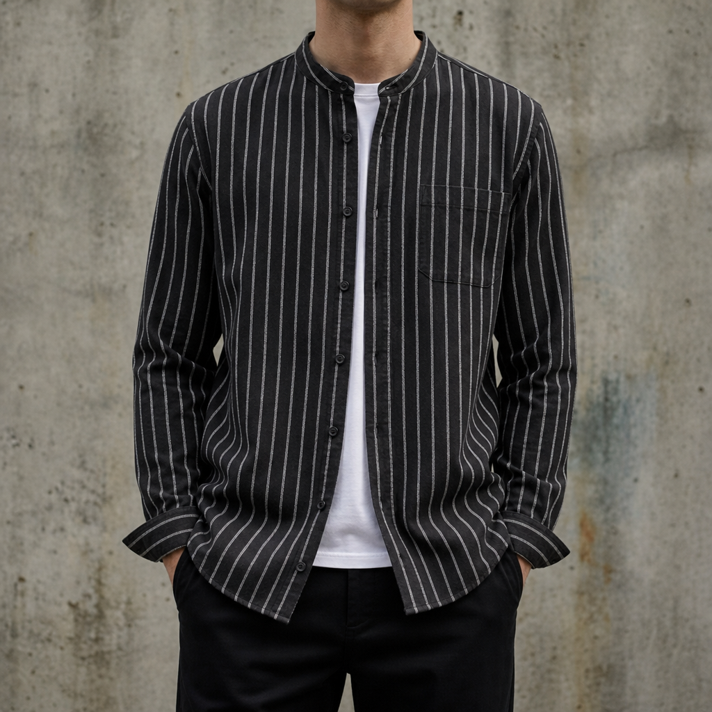 Bergamo Striped Mandarin Collar Shirt in Black
