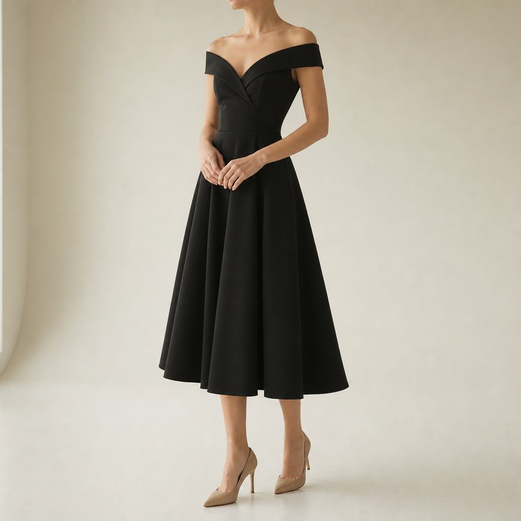 Milos Off-Shoulder A-Line Midi Dress in Black