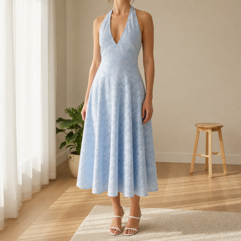 Volterra Jacquard Halter Midi Dress in Powder Blue