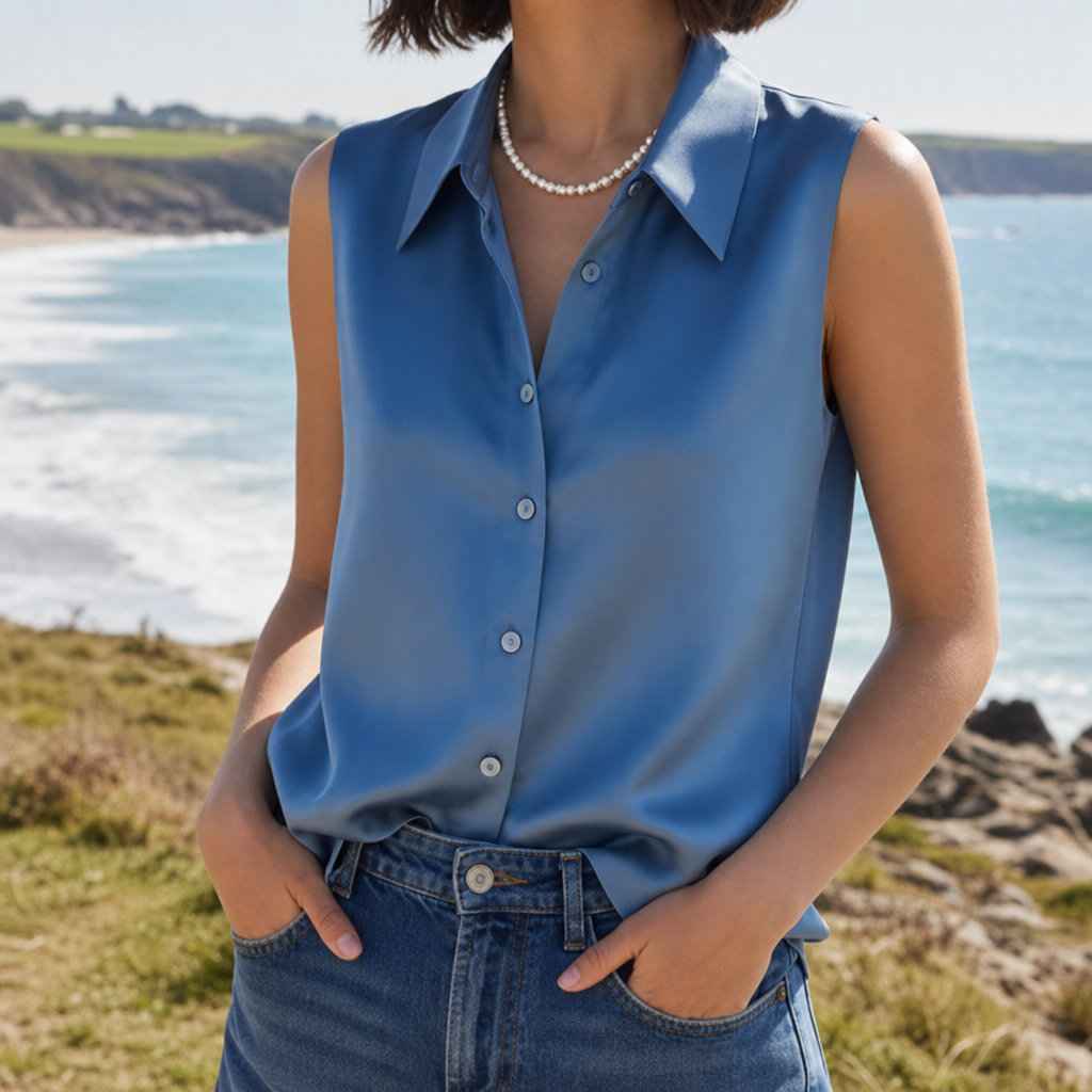 Hvar Satin Sleeveless Blouse in Blue