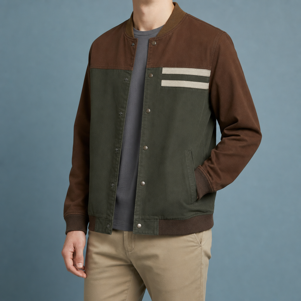 Delphi Two-Tone Bomber Jacket in Olive Green / Brown